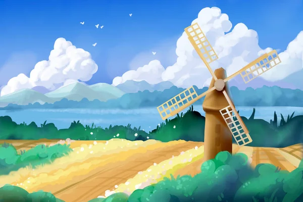 Стиль акварели: Wheat Feng и Windmill — стоковое изображение Стиль акварели: Wheat Feng и Windmill Стоковая Картинка