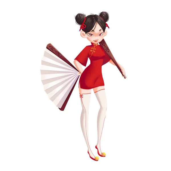 Coole Charakterserie: altes chinesisches Mädchen hält Fans isoliert auf weißem Hintergrund — Stockfoto