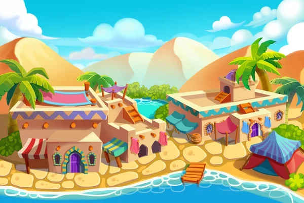 Yaratıcı illüstrasyon ve yenilikçi sanat: çöl şehir, Desert Oasis. Gerçekçi fantastik karikatür tarzı sanat sahnesi, duvar kağıdı, hikaye arka plan, kart tasarımı