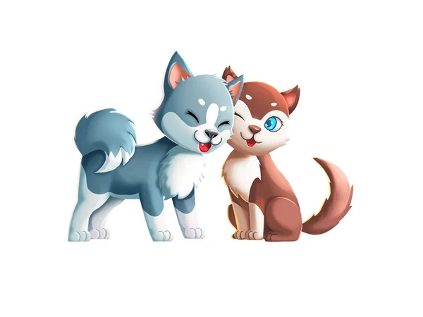 Two Cute Dogs! Kissing Couple! Video Game\'s Digital CG Artwork, Colorful Concept Illustration, Realistic Cartoon Style Characters
