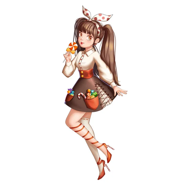 Candy Dívka Anime Kreslený Styl Video Hry Digitální Kresby Ilustrace — Stock fotografie