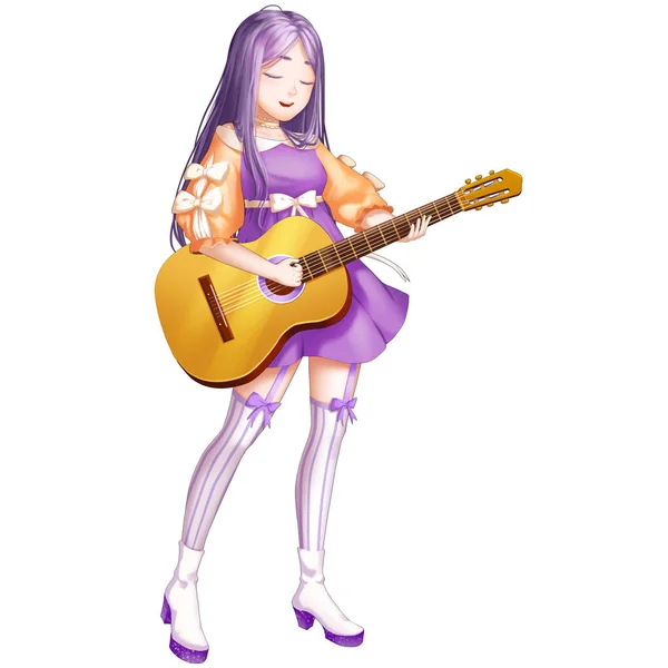 Guitar Music Girl with Anime and Cartoon Style. She is a Super Star! Video Game\'s Digital CG Artwork, Concept Illustration, Realistic Cartoon Style Character Design