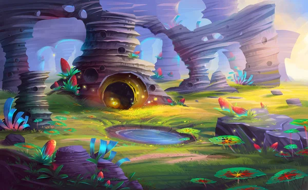 Alien Planet Mountain Cave Fantastic Realistic Futuristic Style Video Game — Stock Photo, Image