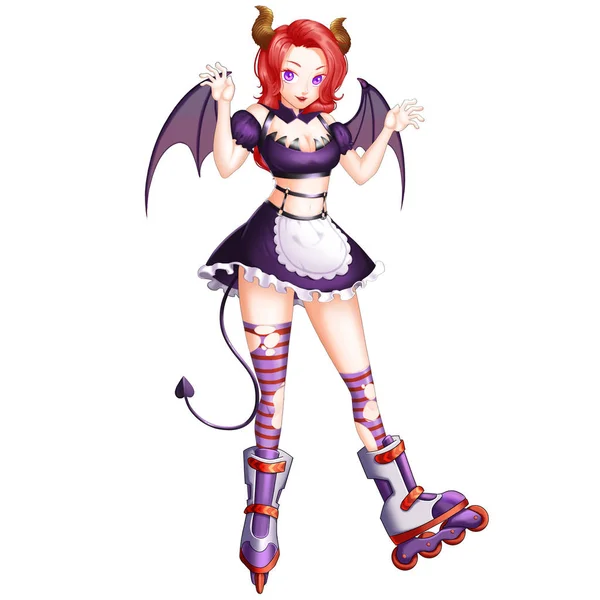 アニメや漫画のスタイルを持つメイド少女をスケート悪魔 ビデオ ゲームのデジタル アートワーク 概念図では 現実的な漫画スタイル キャラクター デザイン — ストック写真