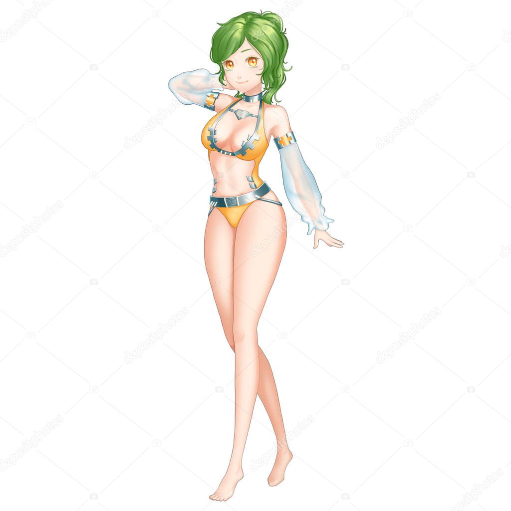 Scifi Beach Girl with Anime and Cartoon Style. She is a Super Star! Video Game's Digital CG Artwork, Concept Illustration, Realistic Cartoon Style Character Design