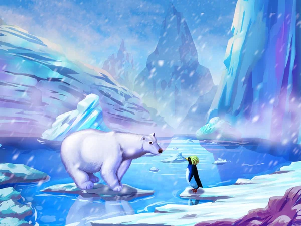 The Polar Bear and Penguin with Fantastic, Realistic and Futuristic Style. Video Game\'s Digital CG Artwork, Concept Illustration, Realistic Cartoon Style Scene Design