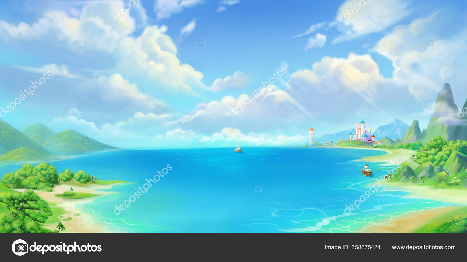 Sea Town Seaside Beach Coast Fantasy Backdrop Concept Art Realistic Stock Photo By C Nextmars 358675424