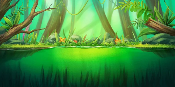 Mystery Forest Pond. Fantasy Backdrop. Concept Art. Realistic Illustration. Video Game Digital CG Artwork Background. Nature Scenery.