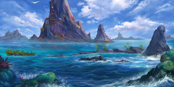 Sea Island Mountain Fantasy Backdrop Concept Art Realistic Illustration Video — Stock Photo, Image