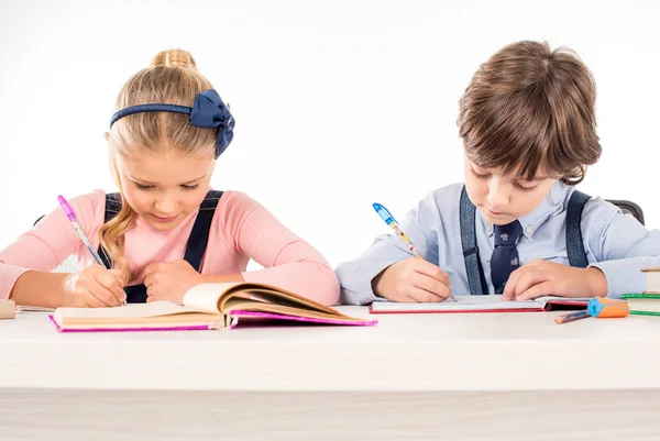 Compañeros de clase escribiendo deberes en cuadernos — Foto de Stock