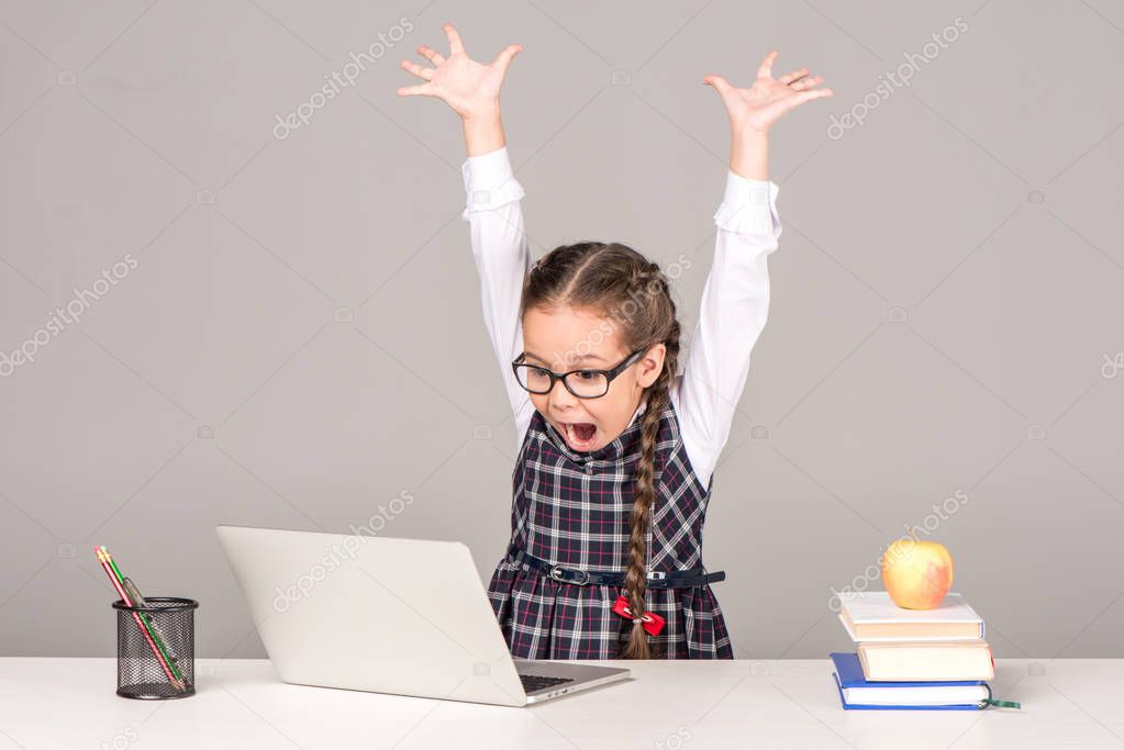 Schoolgirl at desk with laptop