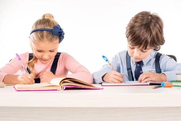 Classmates writing homework in notebooks — Stock Photo
