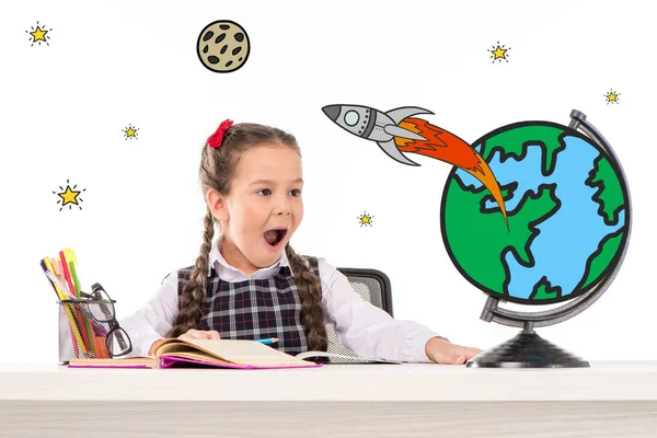 School girl dreaming about space traveling — Stock Photo