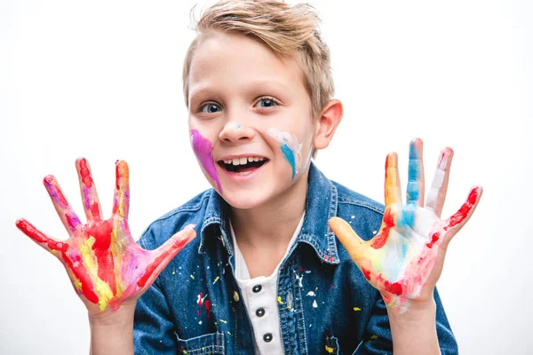 Excited schoolboy artist — Stock Photo, Image