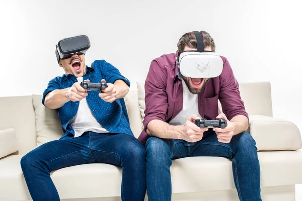 Friends in virtual reality headsets — Stock Photo, Image