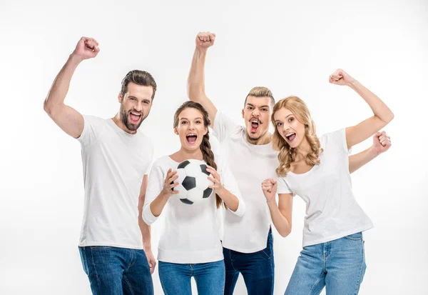 Amigos alegres con pelota de fútbol — Foto de Stock