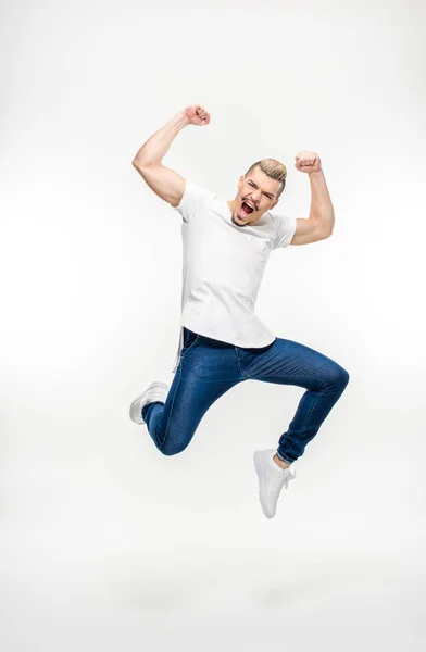 Exited man jumping — Stock Photo, Image