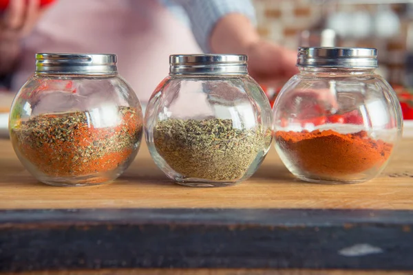 Glass jars with spices — Stock Photo, Image