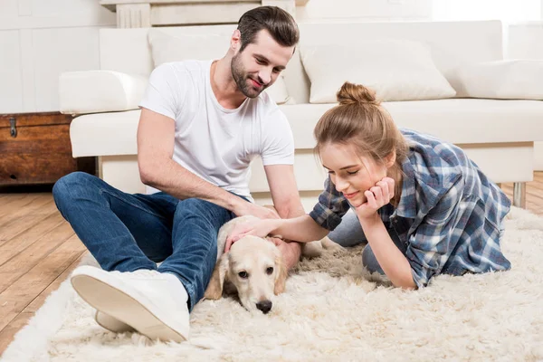 Young couple with puppy — Stock Photo, Image