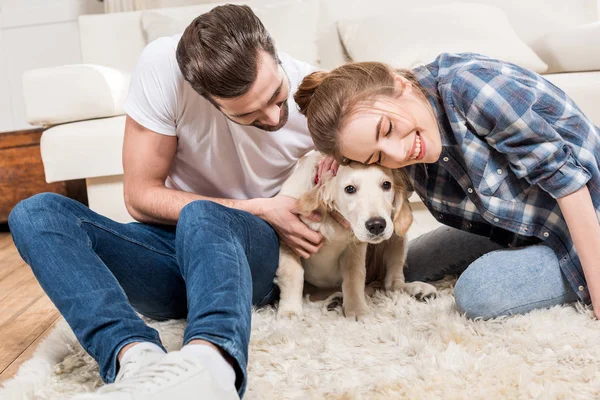 Pasangan muda dengan anak anjing — Stok Foto