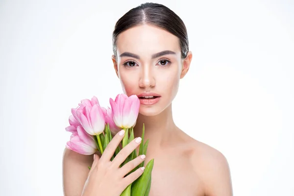 Woman with pink tulips bouquet — Stock Photo, Image