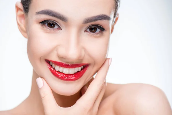 Mujer con jugosos labios rojos — Foto de Stock