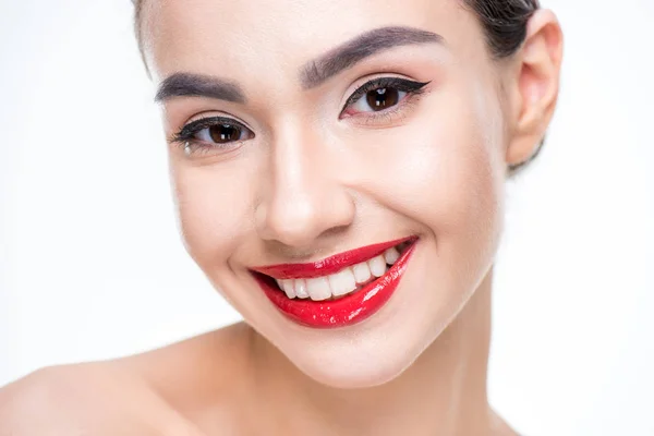 Frau mit saftigen roten Lippen — Stockfoto