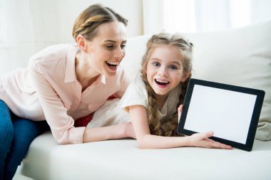mother and daughter with tablet clipart