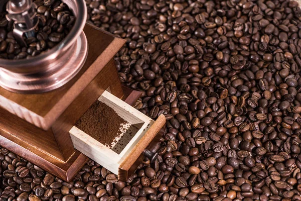 Coffee mill on coffee beans — Stock Photo, Image