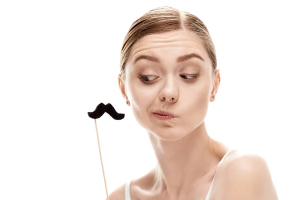 Woman with black mustaches on stick — Stock Photo, Image
