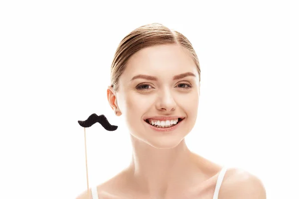 Young woman with fake moustache — Stock Photo, Image