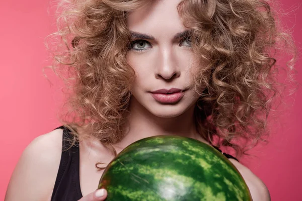 Woman holding fresh watermelon — Stock Photo, Image