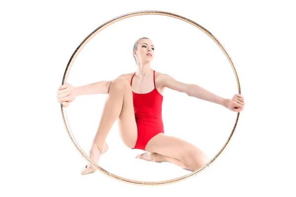 Rhythmic gymnast training with hoop — Stock Photo, Image