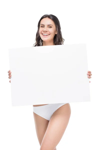 Mulher segurando cartão em branco — Fotografia de Stock