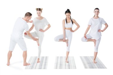 women practicing yoga with trainer clipart