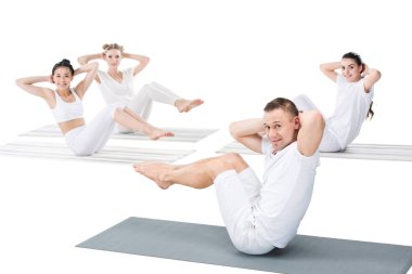 girls with instructor doing abdominal crunches clipart