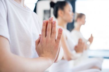 young women meditating in lotus pose clipart