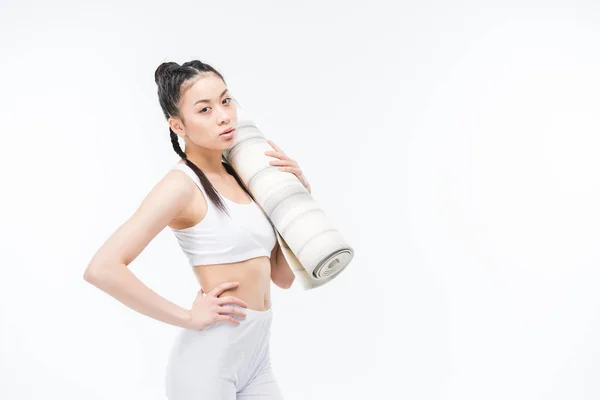 Asian girl with yoga mat — Stock Photo, Image
