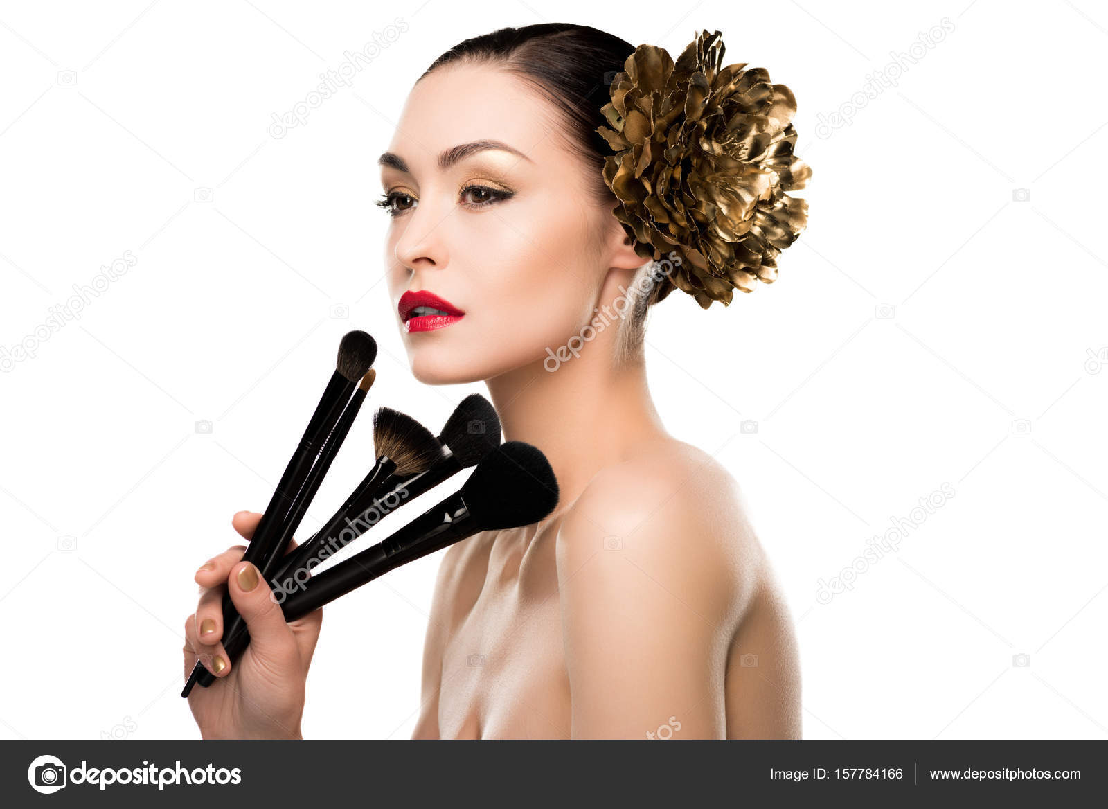 Woman Holding Makeup Brushes — Stock Photo © Dmitrypoch 157784166