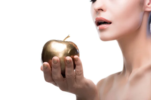 Lady holding golden apple — Stock Photo, Image