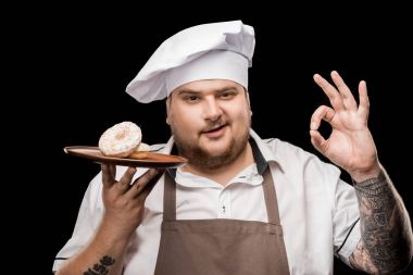 chef with doughnuts on plate clipart