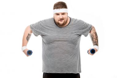 fat man exercising with dumbbells clipart