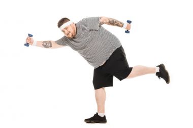 young obese man running with dumbbells clipart