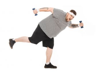 young obese man running with dumbbells clipart