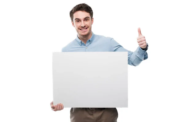 Homem com cartão em branco e polegar para cima — Fotografia de Stock