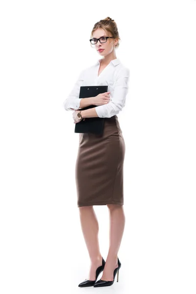 Attractive businesswoman holding clipboard Stock Photo