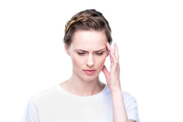 Depressive Frau mit Kopfschmerzen — Stockfoto