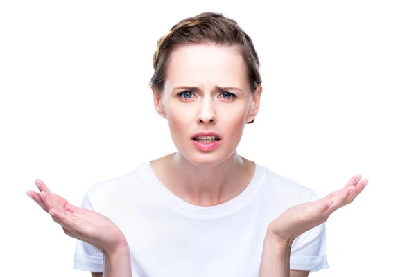 Confused woman with shrug gesture — Stock Photo, Image