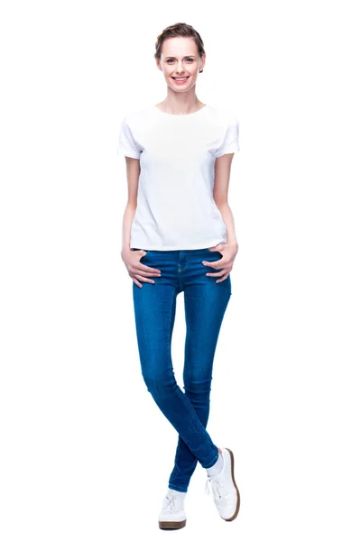 Kvinna i vit T-shirt — Stockfoto