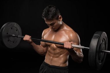 muscular asian man with barbell clipart